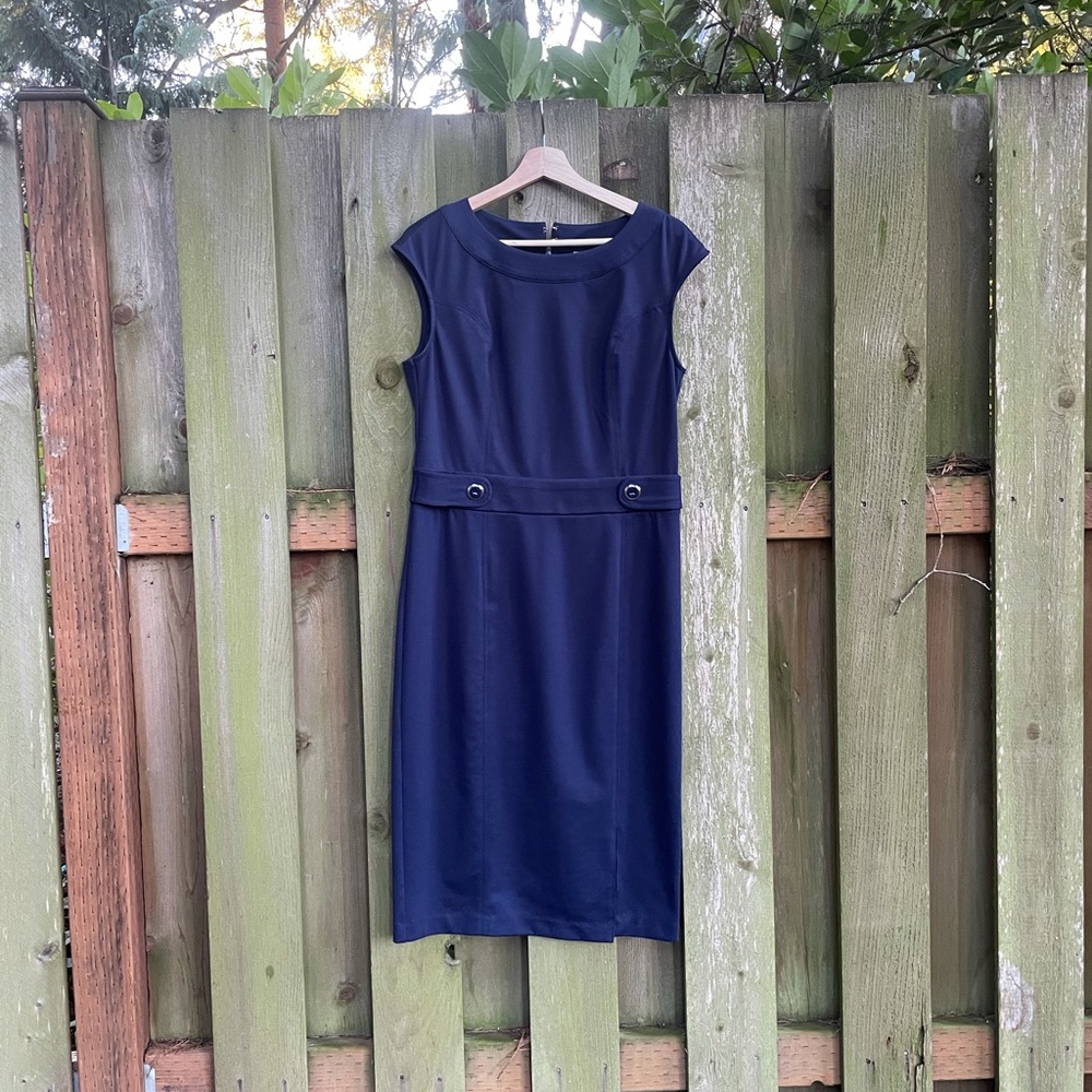 Navy NY&CO sheath dress with front slit + button detail